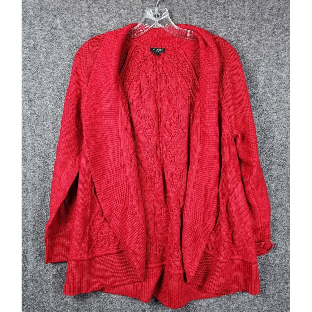 Talbots Cardigan Womens LP Red Lambswool Blend Cable Knit Open Shawl Collar